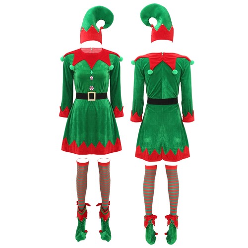 Womens 5-Piece Suit Dress Velvet Elf Costumes Pompom Costume Striped Stockings - Picture 6 of 26