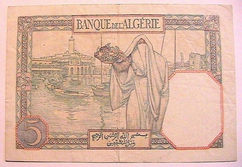 1941 Tunisia Overprint Algerian 5 Franc Ch VF Banknote Currency Paper Money p-8b - Picture 2 of 5