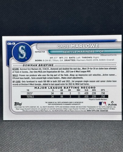 2024 Bowman Chrome Cade Marlowe Rookie Auto Refractor /499 Seattle Mariners - Picture 2 of 2