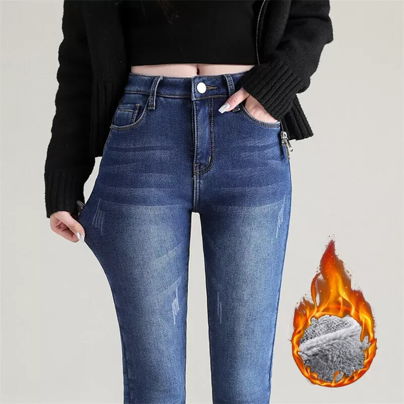 Pantalones Vaqueros Elásticos De Felpa Cálida Para Mujer Para La Nieve Invierno
