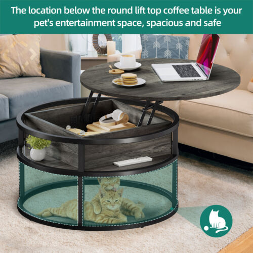 Modern Lift Top Round Coffee Table Cocktail Table w/ Hidden Storage & Open Shelf - Picture 5 of 9