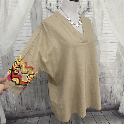 Natori Medium Beige Tan Linen Kimono Top Embroidered Sleeve Tunic Oversized B17 - Picture 4 of 11