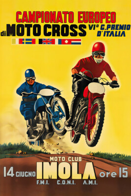 European Motocross Motorcycle Imola Italy Vintage Art Wall Room