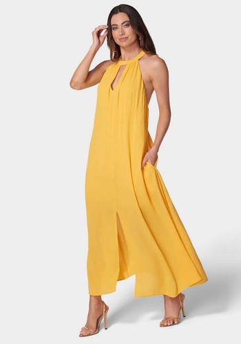 Bebe Women’s Keyhole Halter Maxi Side Slit Strappy Backside Dress - Picture 2 of 16