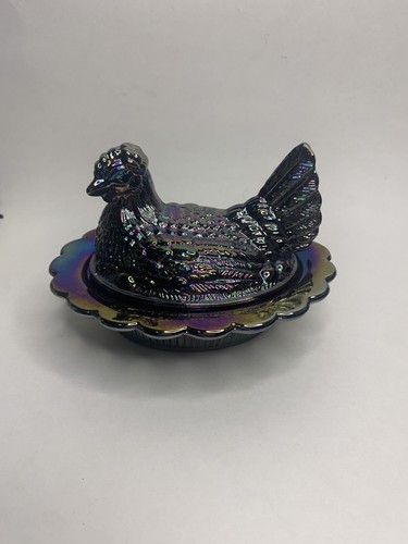 Mosser Art Glass Hen on the Nest Amethyst Carnival Glass 6.5” Iridescent Mint