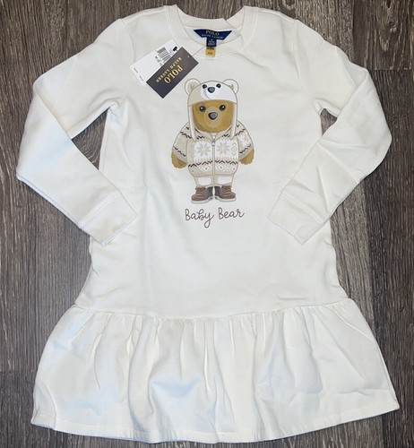 Polo Ralph Lauren Bear Long Sleeve Fleece Dress Girls Size 8-10 - Picture 1 of 8