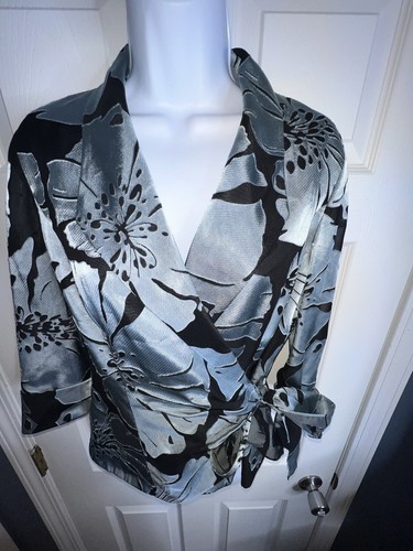 Blazer de vestir Alex Evenings para mujer mediano negro azul floral envolvente chaqueta top M - Imagen 18 de 20