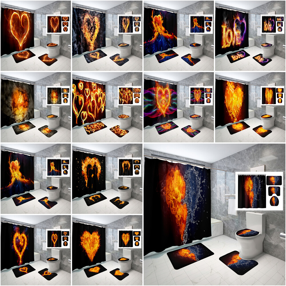 3D Fire Love Shower Curtain Set Bathroom Rug Non-Slip Bath Mat Toilet Lid Cover - Picture 2 of 20