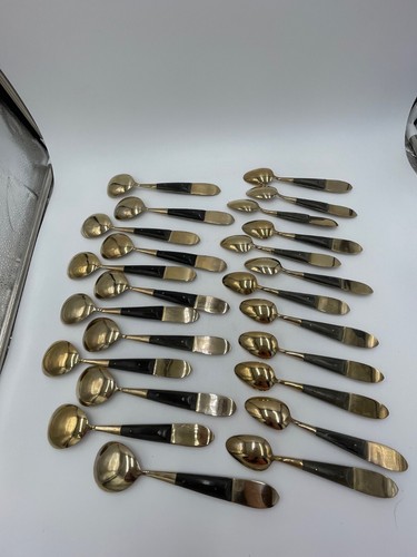 Vintage Y Thailand 156 Piece Flatware Set Gold Tone Nickel Bronze Wood Case Bags - Picture 20 of 24