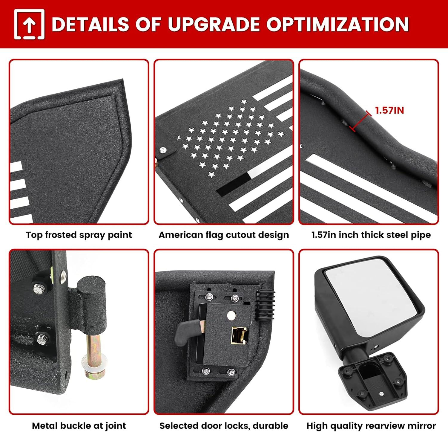 Off-Road Tubular Doors for 2007-2018 Jeep Wrangler JK 4 Door with Side Mirrors thumbnail 3