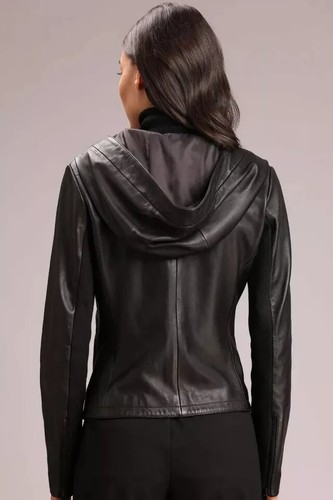 Hooded Leather Jacket Women Soft Lambskin Handmade Hood Biker Black Jacket - Picture 3 of 10