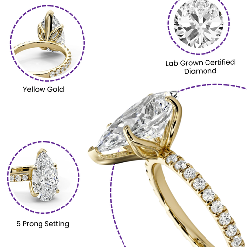 IGI-zertifizierter Labor-Diamant-Verlobungsring 2,50 kt F VS2 Birnenschliff 14 K Gelbgold - Bild 2 von 11