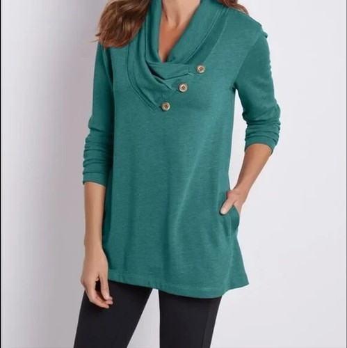 NEW $90 SOFT SURROUNDINGS Westminster Tunic French terry Top Cowl Teal Womens L