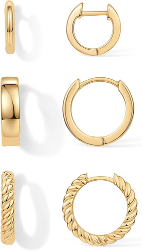 18K Gold Plated Sterling Silver Posts 3 Pairs Small Hoop Earrings Set | Plain Ro - Picture 7 of 12