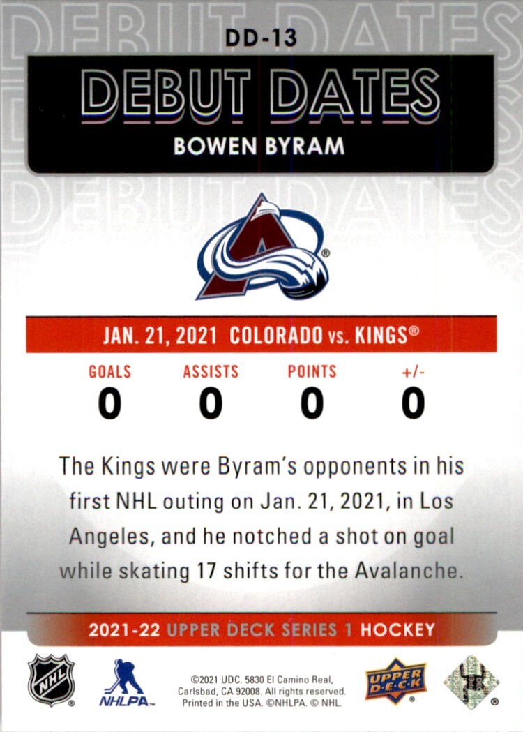 2021-22 Upper Deck Debut Dates Bowen Byram Colorado