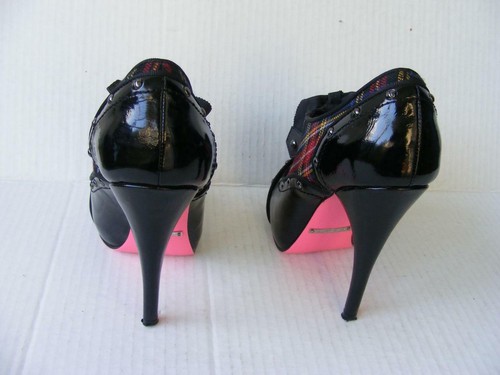 Betsey Johnson Shoes 6 Patent Leather Plaid Lace Up Oxford High Heel Schoolgirl - Picture 3 of 7