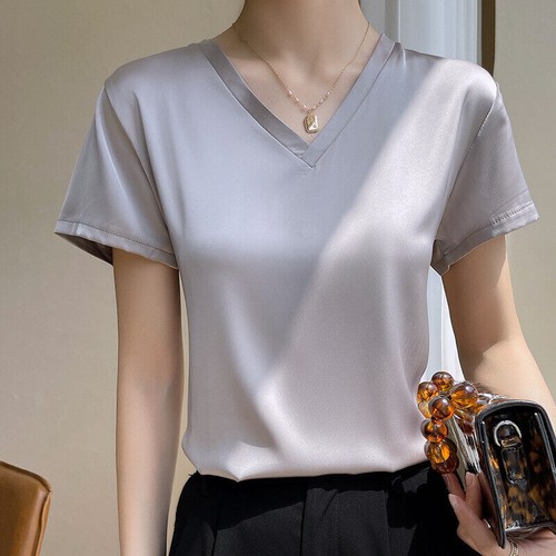 Damen lose kurzärmelige Seidenoberteile Pullover Bluse V-Ausschnitt Freizeit T-Shirt S - Bild 10 von 19