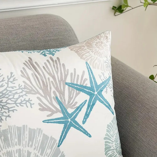 SET of 2 - Coastal Decor Pillow Cases- 18" x 18" - Seashells Corals Starfish - Picture 3 of 6
