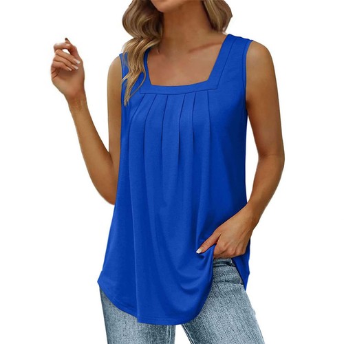 Women's Summer Pleated Tank Vest Tops Ladies Sleeveless Solid Loose Blouse Tee - Picture 6 of 48