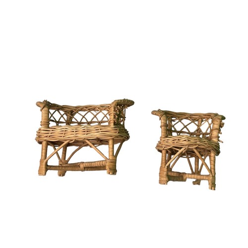 Two Wicker Rattan Miniature Dollhouse Furniture Chair Loveseat Tan Vintage - Picture 3 of 7