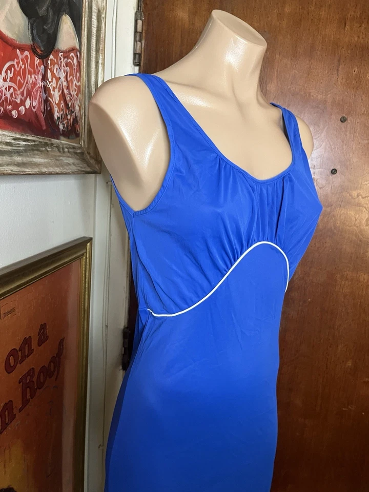 Vtg 60s Blue Nylon Sporty Mod Cool SEARS Maxi Long Nightgown Slip dress 36 S/M - Image 4 of 4
