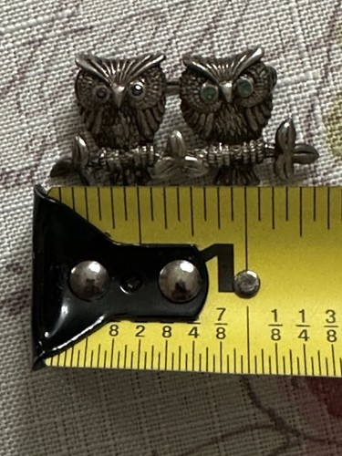 Sterling Silver Owls Brooch Pin 925 Rhinestone Eyes - Afbeelding 5 van 6