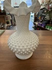 Vintage Large Fenton 11" White Milk Glass Hobnail Ruffled Vase