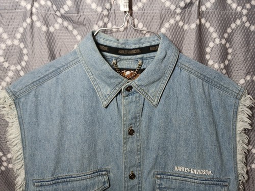 Harley Davidson Shirt Mens Size Med Cut Off Sleeveless Button Up Blue Denim - Picture 2 of 12
