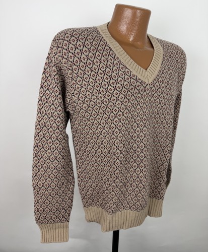 Benetton Sweater Mens Medium Beige Wool Blend Medallion Paisley Knit Collegiate - Picture 8 of 13