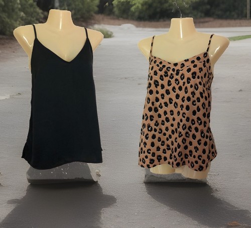 Sleeveless Camisole Tank Tops Bundle Of 2 Size Medium Leopard Print & Black Lot