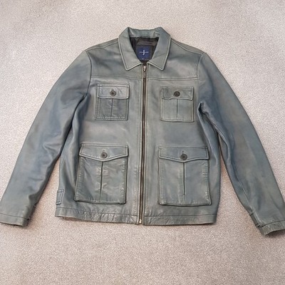 Jasper Conran Mens Jacket Large Grey Blue Leather Biker Bomber Moto Cafe Racer