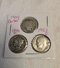 Silver Dime Lot of 3 Coins 90% 1904 Barber, 1945 D Mercury,&1955D Roosevelt.