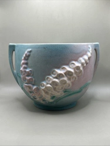 Roseville USA Art Deco Pottery BlueGreen Teal Pink Foxglove 659-4” Sm Jardiniere
