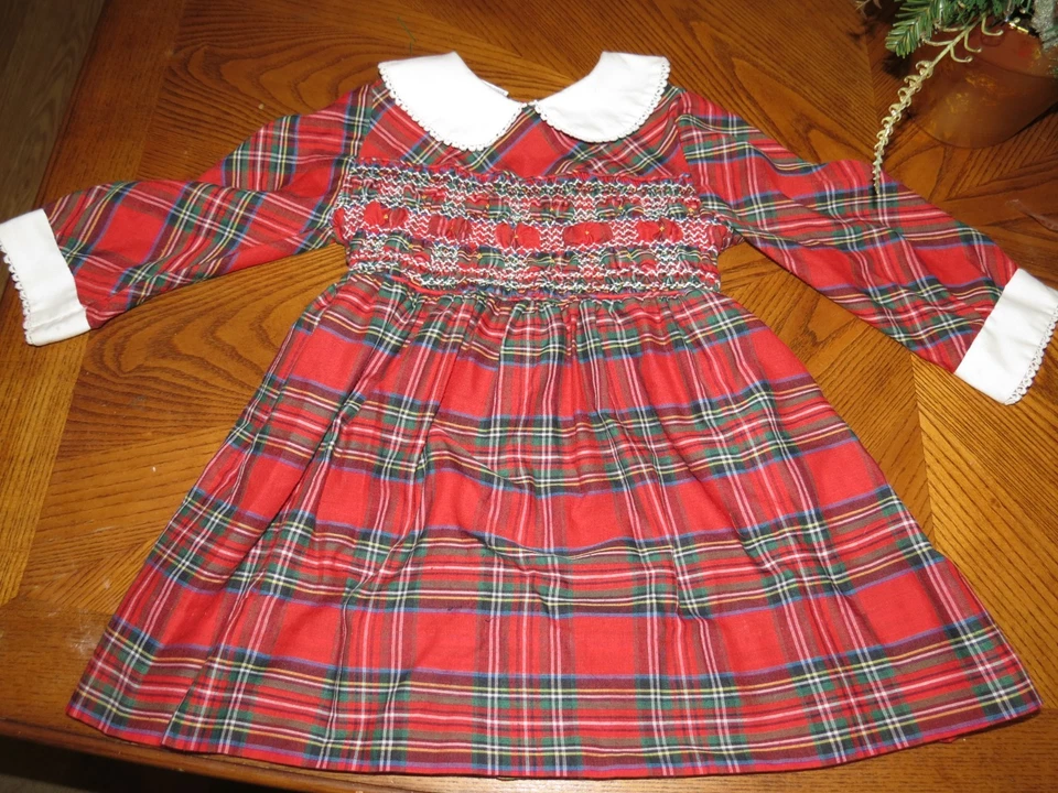 Vestido Polly Flinders Niñas 5 Rojo Cuadros Calado De Colección Manga Larga Conjunto de Vacaciones Foto 2 de 4