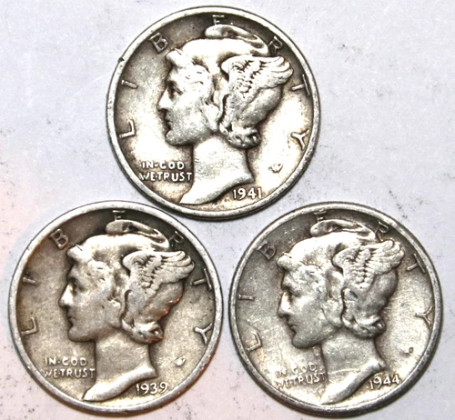 (3) Mercury Dimes - 1939D(Fine) 1941P(XF) 1944D(XF) - #0745ED FREE SHIPPING
