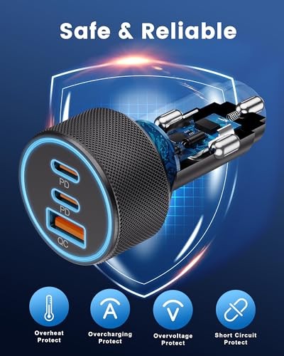 USB C Car Charger, 3-Port 67W Dual USB-C & USB-A Car Power Adapter PD/QC Fast - Picture 5 of 8