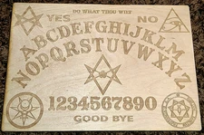 Wooden Ouija Board & Planchette w/ Aleister Crowley Symbols Engraved On Wood