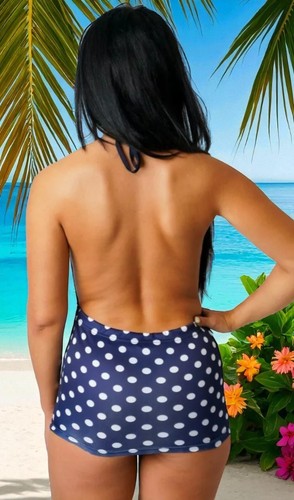 Navy Polka Dot Halter Neck Mini Dress Swimsuit Backless Retro Beachwear UK - Picture 4 of 4