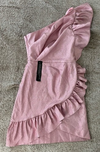 Topshop One Shoulder Glitzer Struktur Rüschen Mini Party Kleid Rosa Größe 2 Neu mit Etikett - Bild 4 von 16