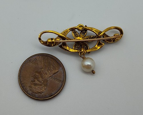 Vintage Turquoise 14k Y. Gold Pearl Dangle Flower Leaf Brooch Pin Lapel - Picture 7 of 7