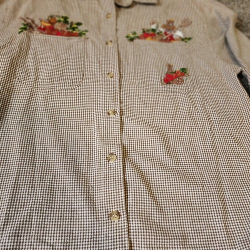 Vintage Cottagecore Herbst bestickt Kürbis Patch braun kariert Button Down M - Bild 6 von 10
