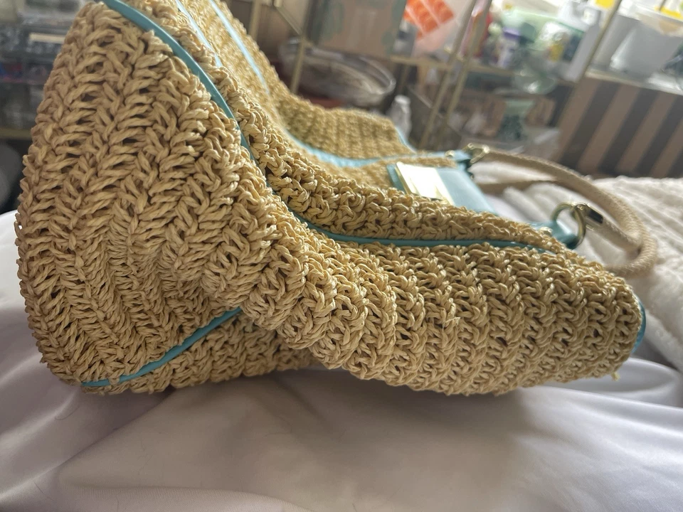 Bolso de Mano Talbots Paja con Borde de Cuero Azul Playa Vacaciones Viaje Foto 4 de 4