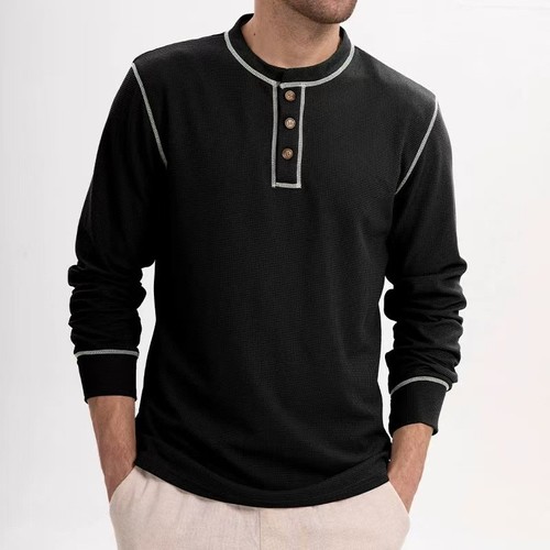 Men's Tops Long Sleeve T-shirt Slim Fit Round Neck Waffle Sports Henry Shirts - Picture 19 of 30
