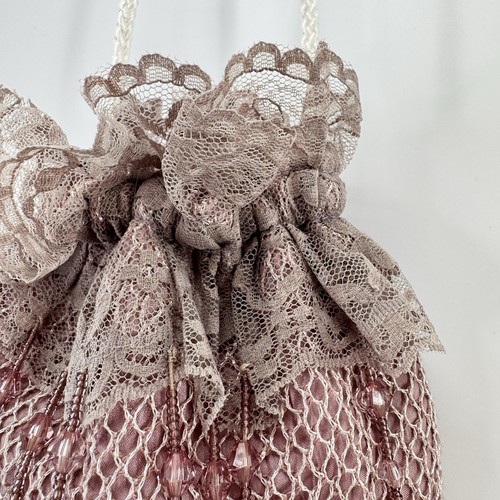 Vintage Fee viktorianische Tasche Spitze Perlen Rosette Satin Netz skurril feminin - Bild 4 von 13