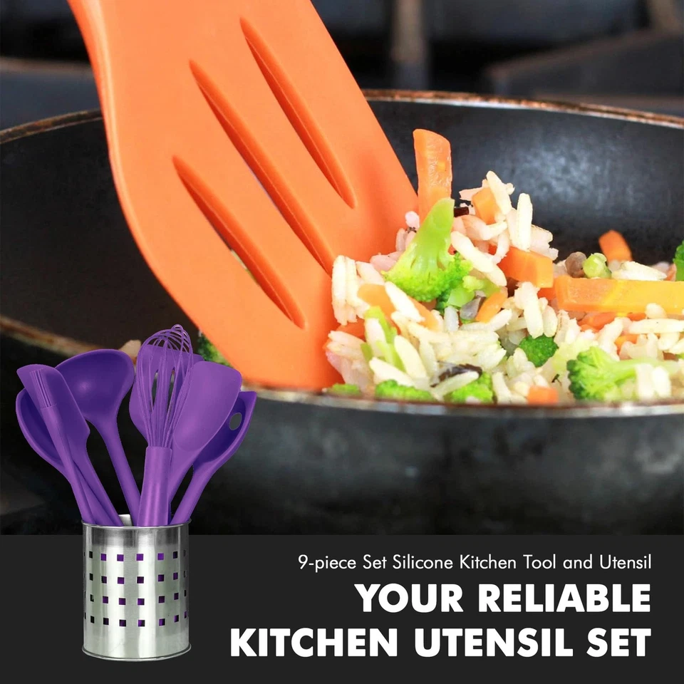 9 Piece Purple Silicone Kitchen Utensil Set Heat Resistant Dishwasher Safe Tools - Image 4 of 4
