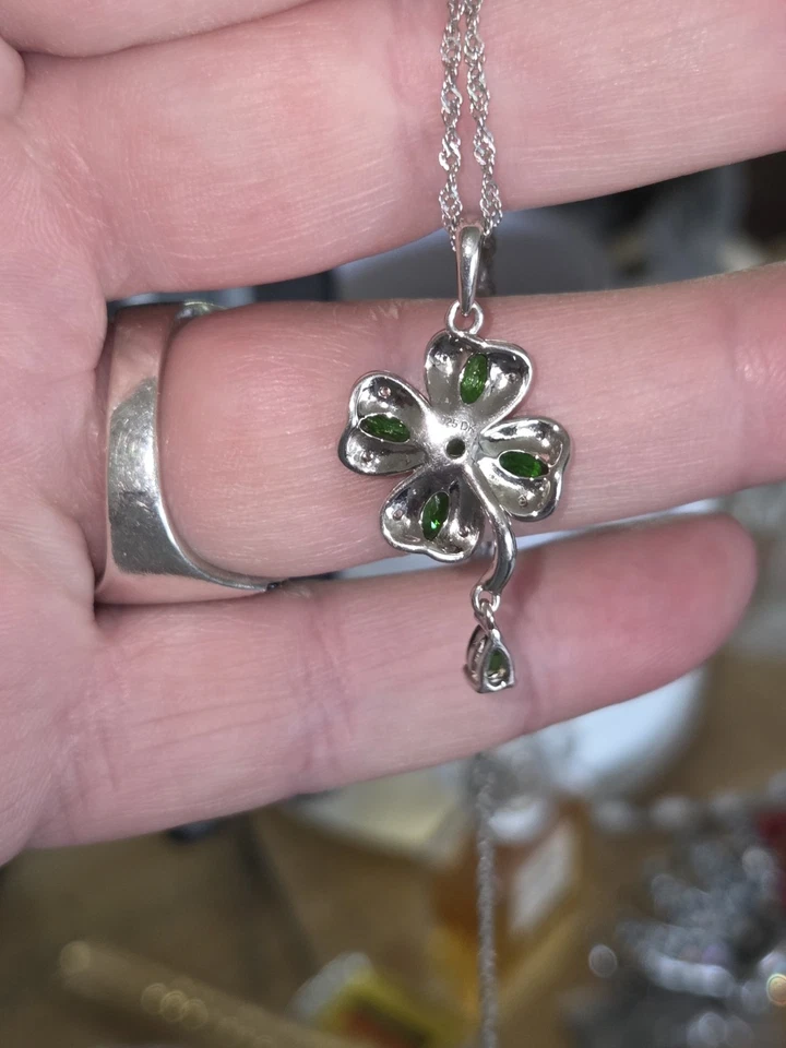 Russian Chrome Diopside 4 Leaf Clover Charm With Dangle 925 W/ Singapore Chain - Image 4 of 4