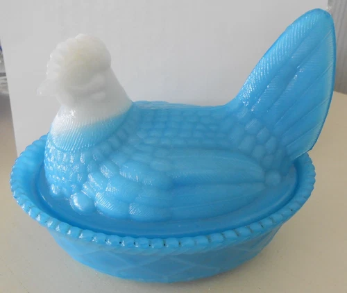 Vintage Westmoreland Light Blue Body with white head Hen On Nest Basket chicken