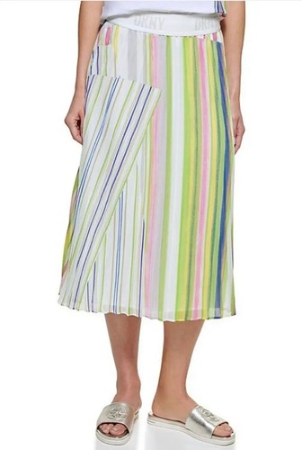 DKNY Crinkle Chiffon Stripe Print Flutter Hem Pull-On A-Line Midi Skirt Size S - Picture 3 of 14