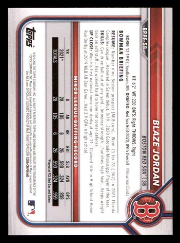 2022 Bowman 1st Edition #BPPF58 Blaze Jordan - Picture 2 of 2