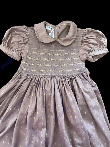 Pervenche EUC Mocha/Gold Smocked Embroidered Peter Pan Collar “Twirl” Dress-6X - Picture 3 of 8